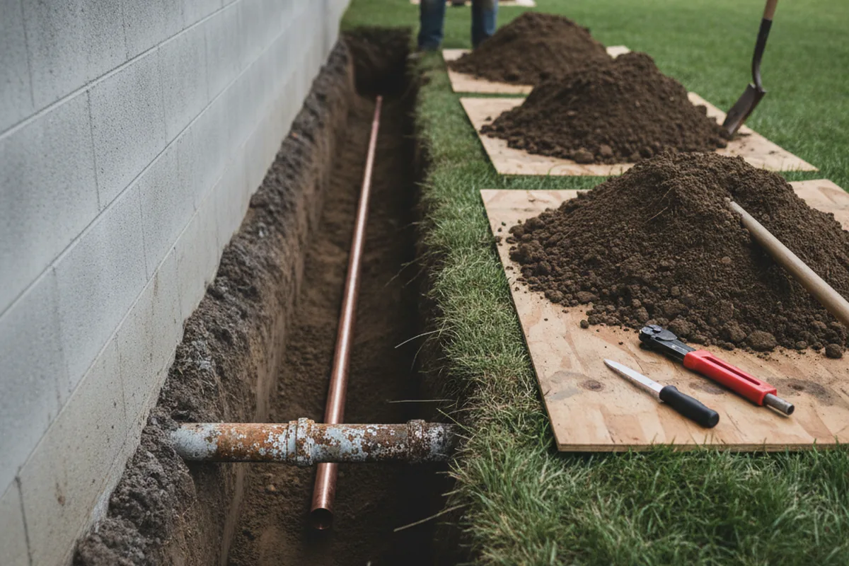 Excavated water line trench during Water Softener Installation in Woodlake